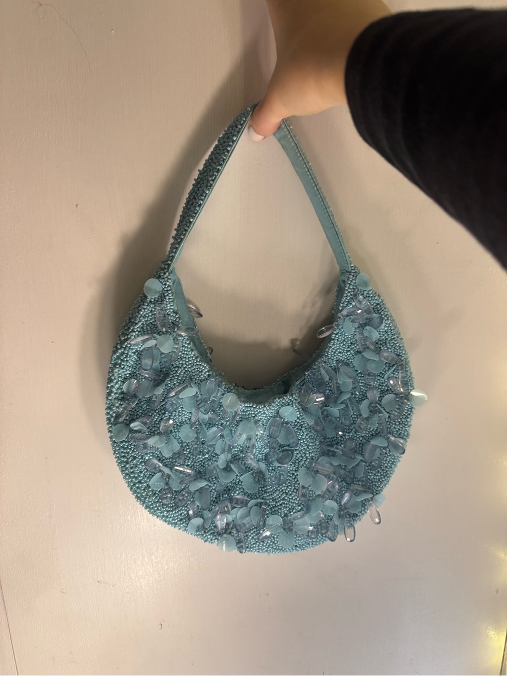 Beaded Seaglass Blue Crescent Shoulder Bag